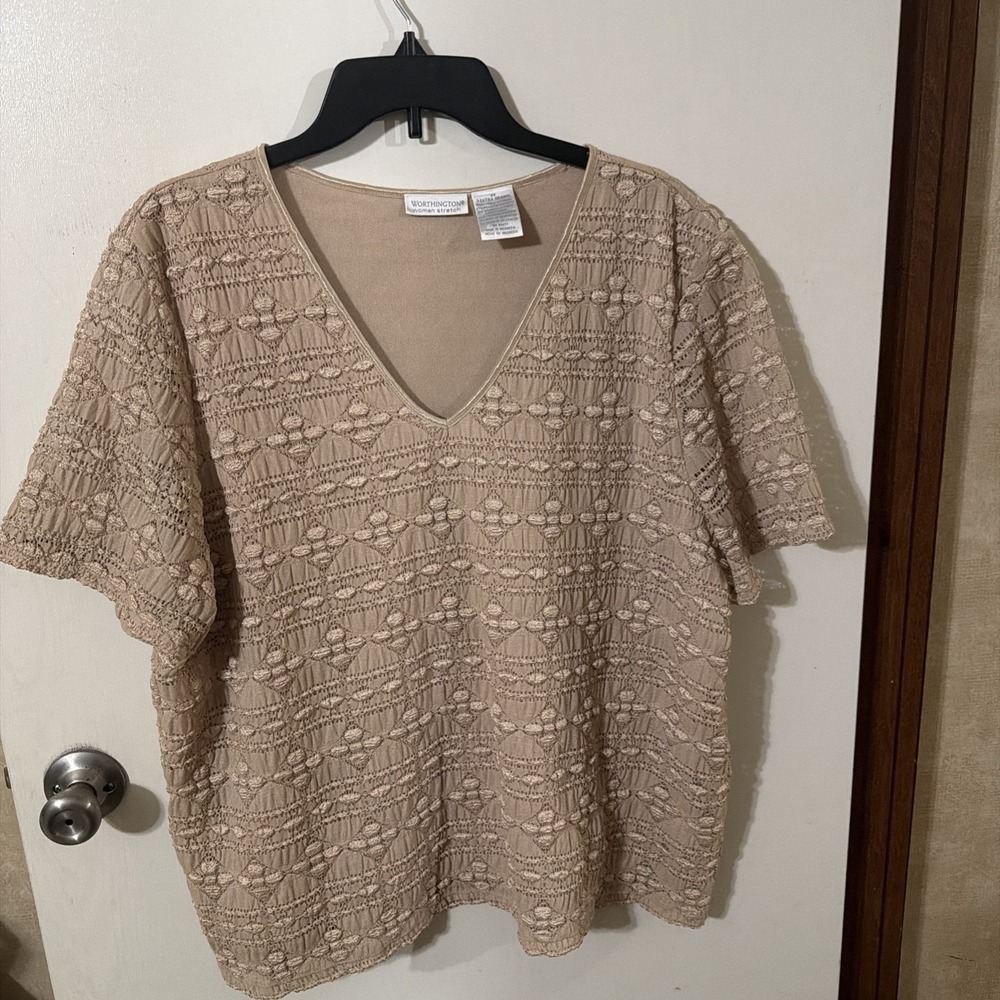 WORTHINGTON Women's Cap Sleeve, V-Neck, Beige Top Size 3X
